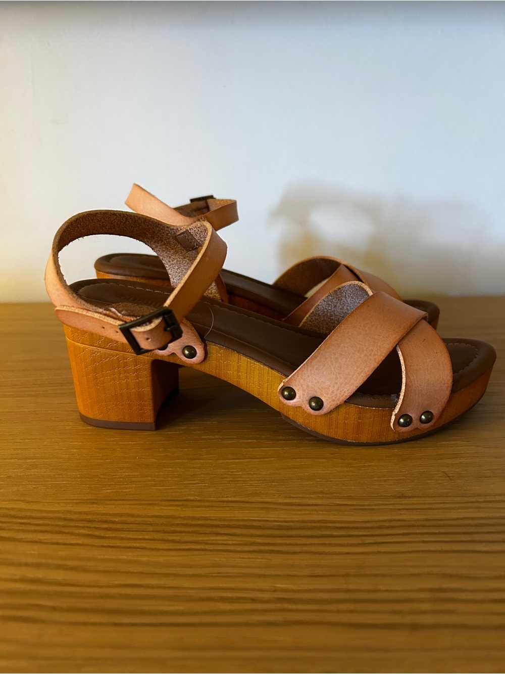 Women’s Leather Block Heel Sandals in Tan